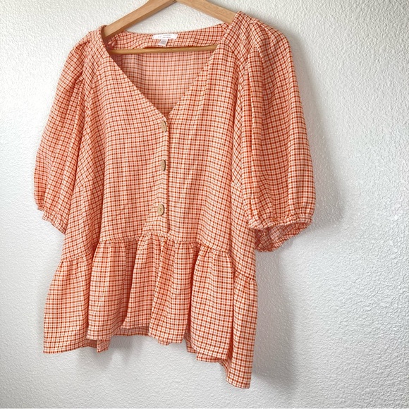 Lauren Conrad V Neck Cropped Ruffled Blouse XXL Orange Button Down Peplum Flowy - Picture 5 of 16